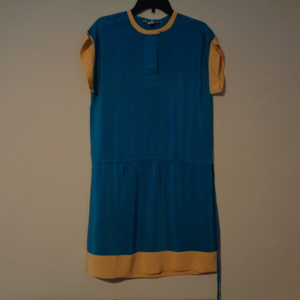 Silk Mini Dress Green with Yellow Trim